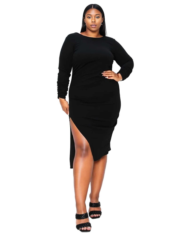 Front of a model wearing a size 18|20 Bianca Open Back Slit Dress in Black by L I V D. | dia_product_style_image_id:347207